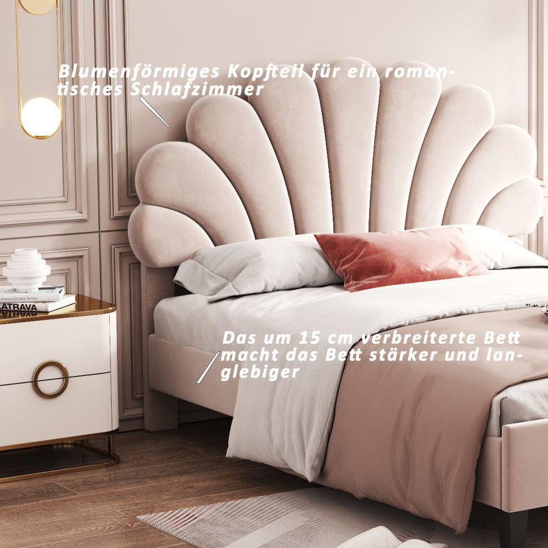 Tweepersoonsbed – Gestoffeerd Bed – Velours Bed – Slaapbed – Bedframe – 140 x 200 cm – Uniek Bloemvormig Hoofdbord – Zachte Huidvriendelijke Bekleding Beige