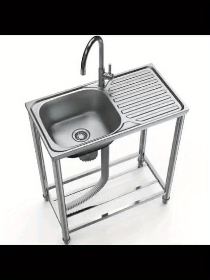 Roestvrijstalen Spoelbak Buiten – Tuinspoelbak – Mobiele Spoelbak – Buitenkraan – Enkele Bak – 75x40x80 cm – 304 RVS Materiaal – Mengkraan Warm/Koud