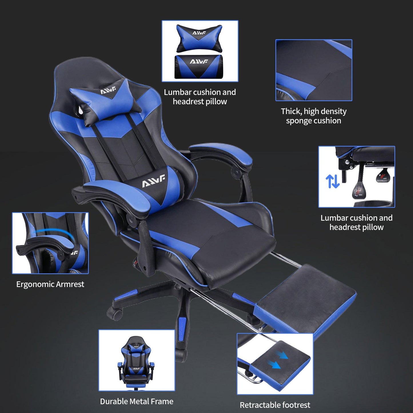 Ergonomische Gamingstoel – Bureaustoel – Gamedraaistoel – Werkstoel – Bureauzetel – Met Verstelbare Voetsteun – 360° Draaibaar Met Hoofdsteun - Blauw