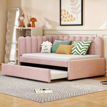 Slaapbank – Bedbank – Logeerbed – Bank – Bed – L-vormige Bedbank Roze Fluweel – Uitschuifbaar Tweepersoonsbed 140x200 cm – Bloemvormige Rugleuning