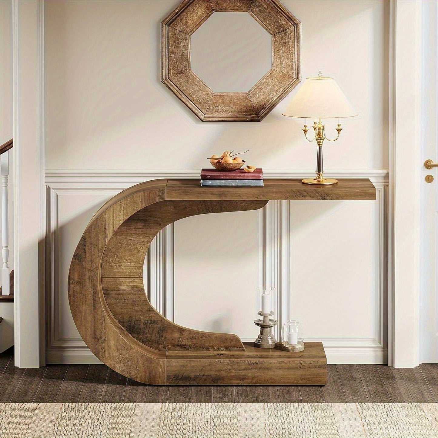 Moderne Sidetable – Haltafel – Consol tafel – Wandtafel – Bijzettafel – Extra Lang 110 cm – Ruimtebesparend C-Vormig Onderstel – Stevige Houtstructuur Bruin