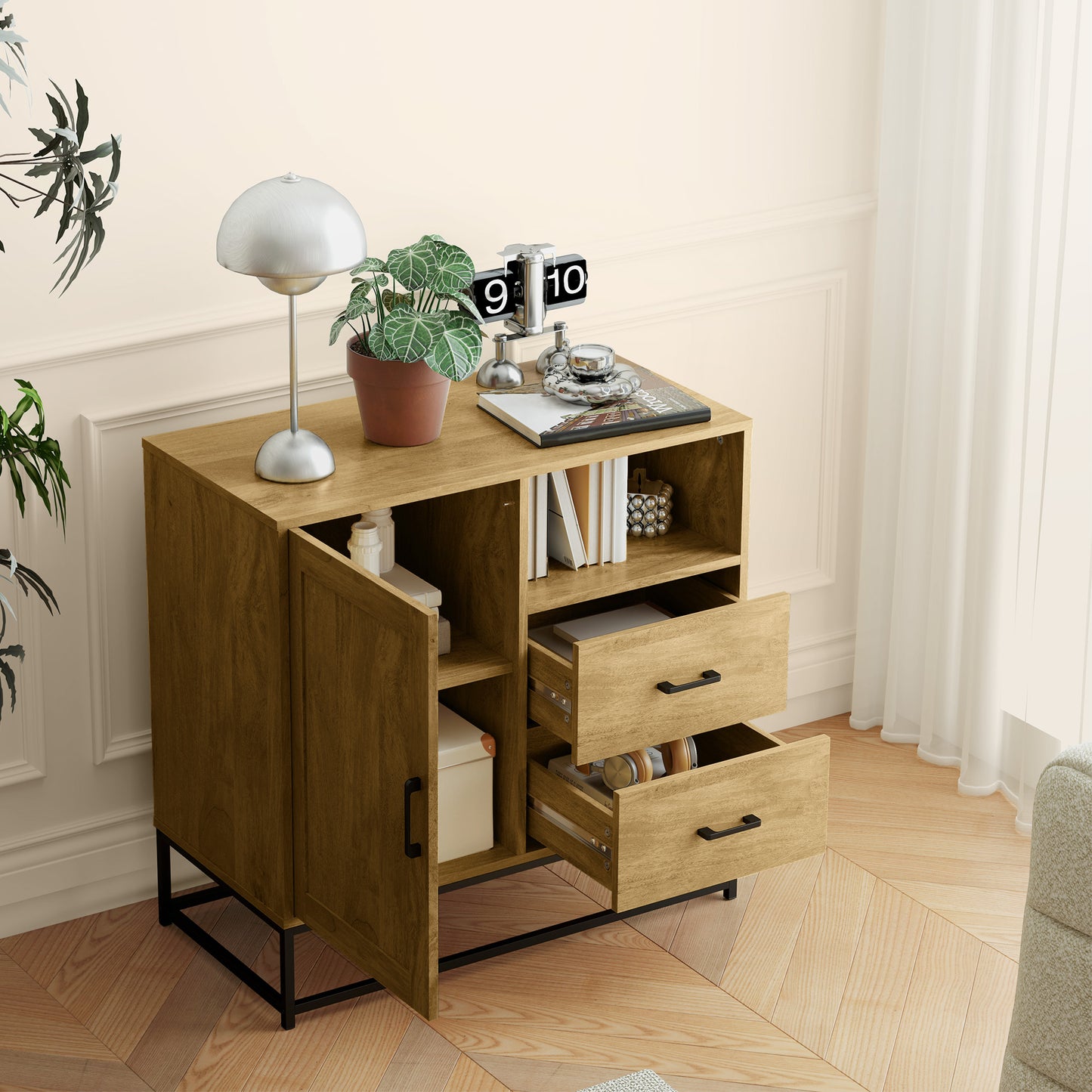 Buffetkast – Dressoir – Opbergkast – Keukenkast – Eetkamerkast – Natuurlijk Hout – 80 x 40 x 78 cm – Verstelbare Plank en 2 Lades