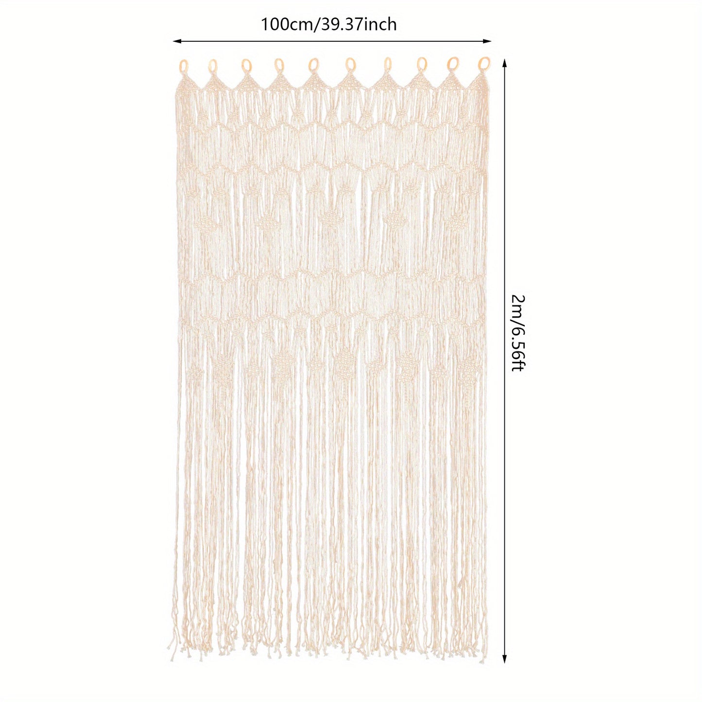 Macramé Gordijnen – Boho Gordijnen – Handgemaakte Gordijnen – Kamerscherm – Raamdecoratie – Beige / Naturel – Extra Lang 100x200 cm – Houten Ringen Voor Eenvoudig Ophangen