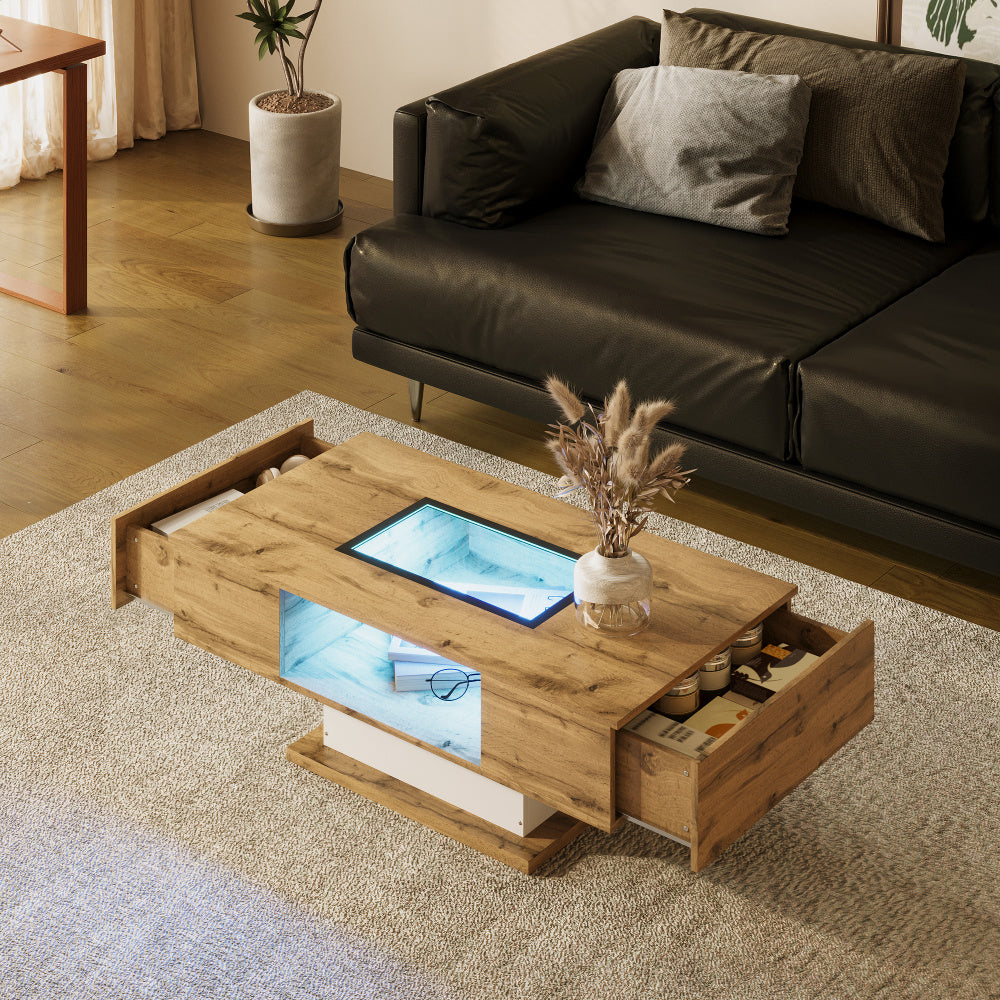 Salontafel – Koffietafel – Bijzettafel – Tafel – Woonkamertafel – Houtkleur – Glasblad – 2 Lade – Modern Design – Direct Gebruiksklaar