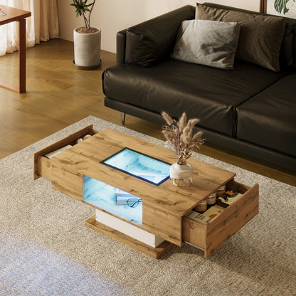 Salontafel – Koffietafel – Bijzettafel – Tafel – Woonkamertafel – Houtkleur – Glasblad – 2 Lade – Modern Design – Direct Gebruiksklaar