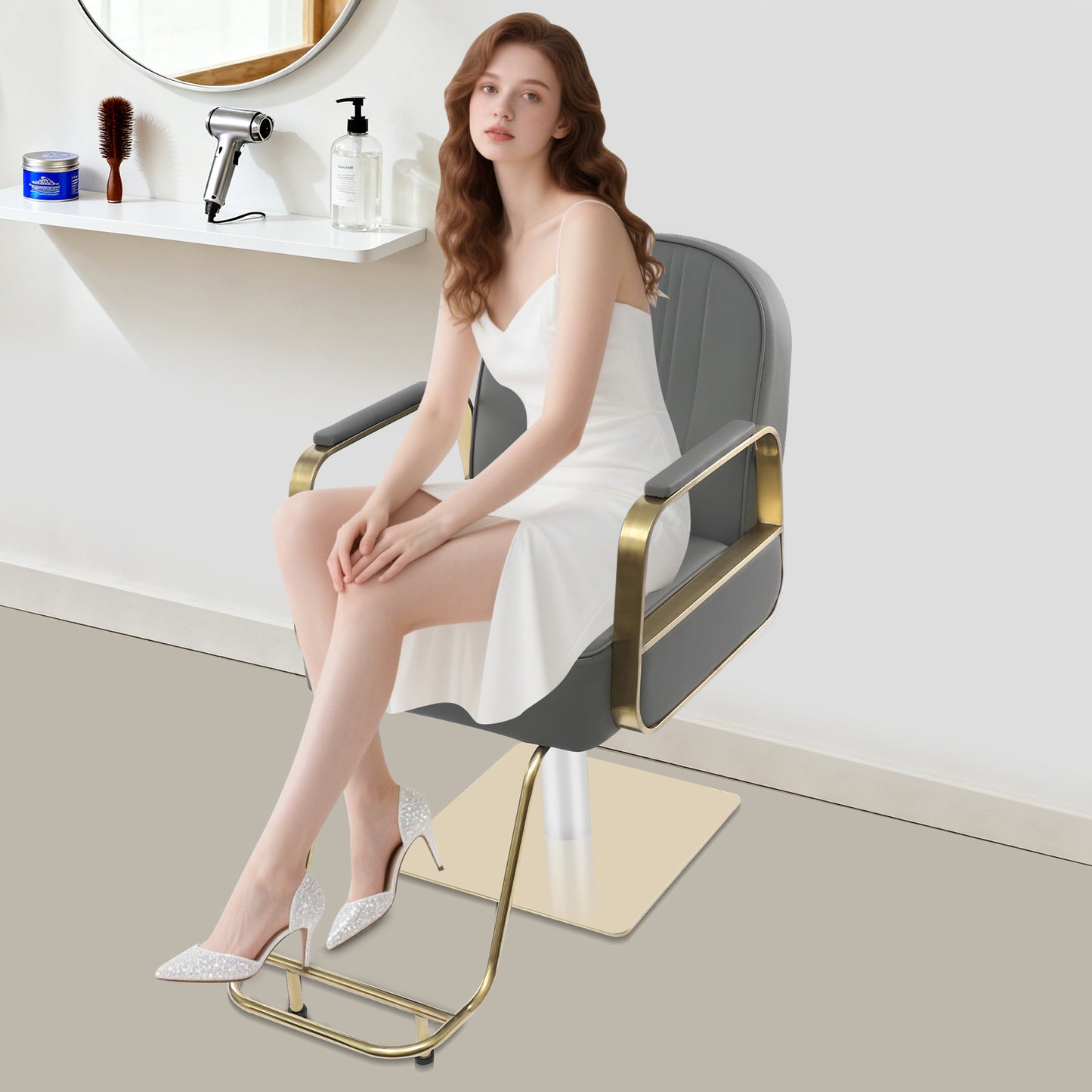 Professional Heavy-Duty Barber Chair - Height-Adjustable Salon Chair with 360° Swivel, PU & Frame (Square Base & Round Pedestal Feet) - Grey Barber Chair for Hair Salon, Barbershop - Compatible with Most
