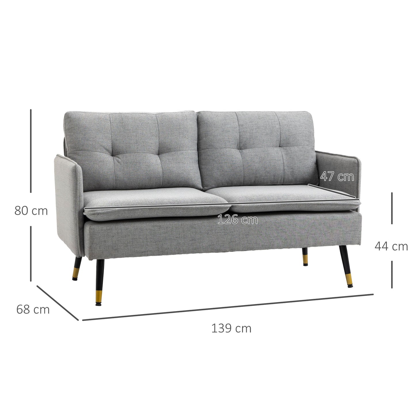 2-Zits Bank – Tweezitter – Bankje – Sofa – Loveseat – Scandinavisch Design – Grijs Linnenlook Stof – Compact 139 x 68 x 80 cm