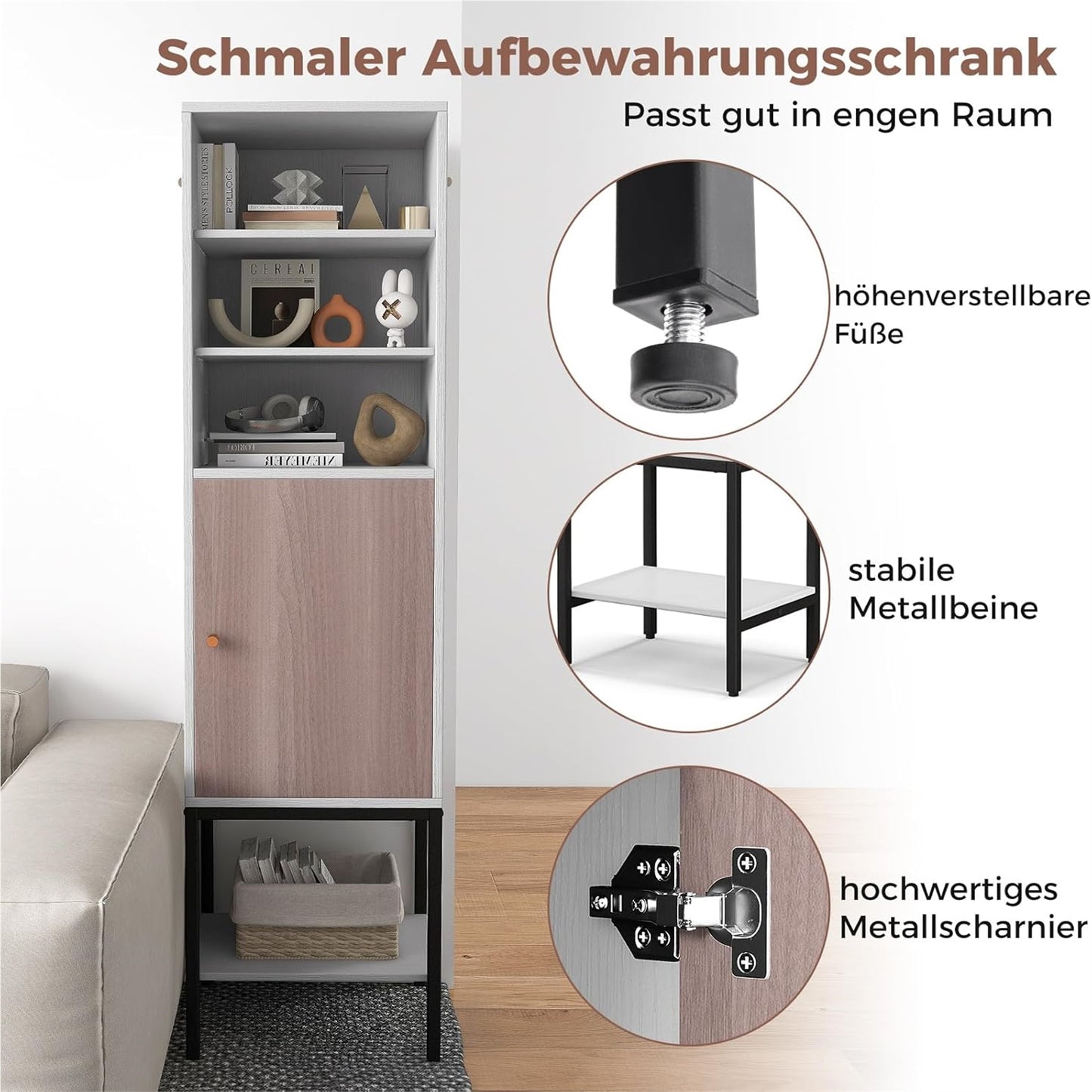 Smalle Kast – Smalle Opbergkast – Hoge Kast – Badkamerkast – Witte Kast – Verstelbare Planken – Compact 38x30x146 cm