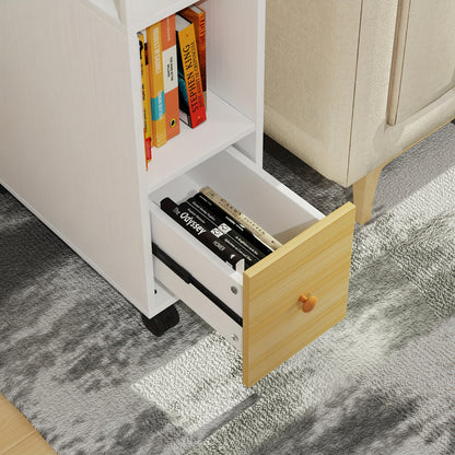 Nachtkastje – Bijzettafel – Ladekastje – Opbergkastje – Smal Tafeltje – Set van 2 – Met Lade en Open Plank – Met Wieltjes – 50x25x70 cm – Hout en MDF