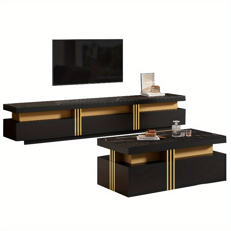 TV Wandmeubel Zwart Metaal – Mediameubel – Tv Meubel – Opbergkast – Salontafel Combinatie – Gouden Accent Poten – Duurzaam Metalen Frame – Gemakkelijk Montage