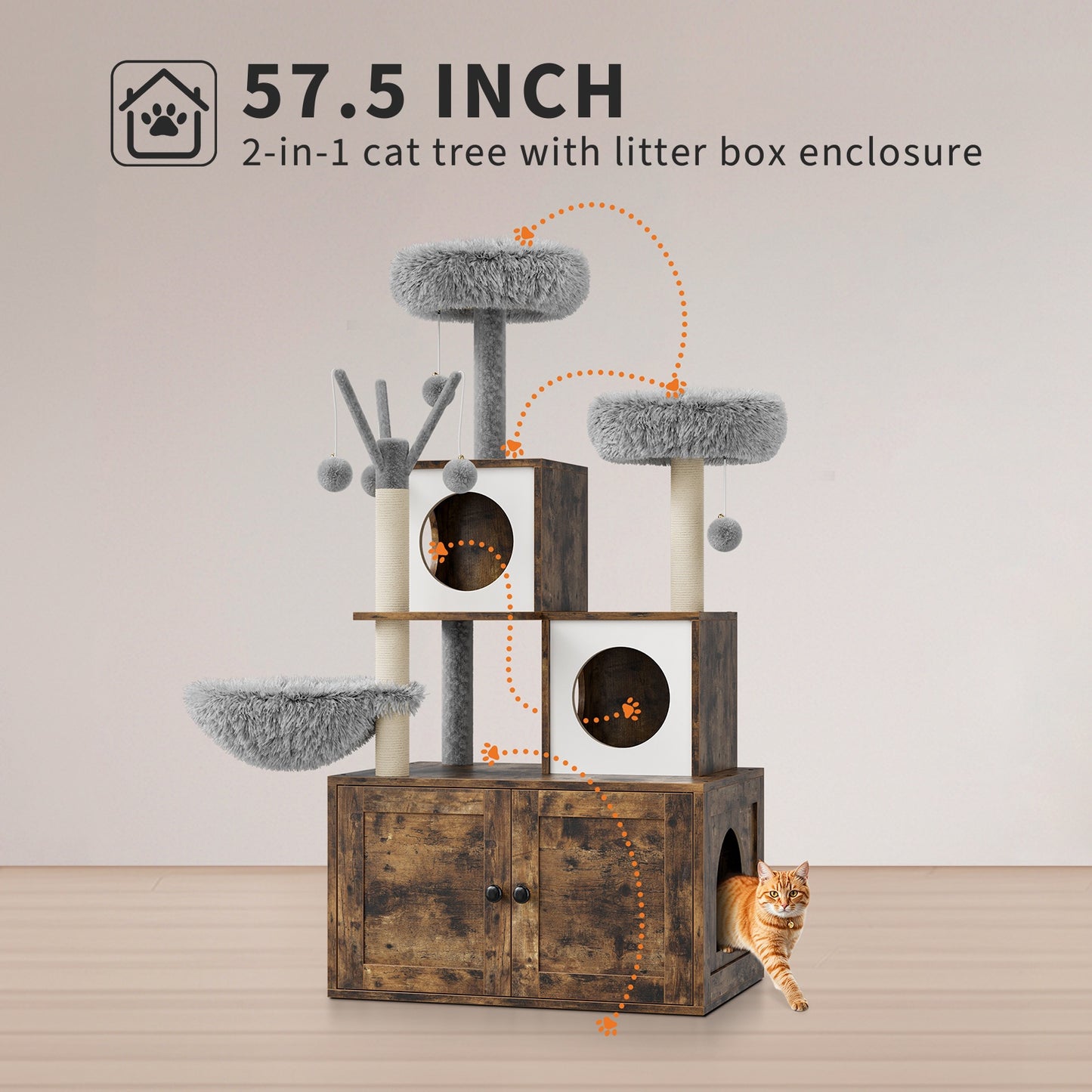 3-in-1 Kattenmeubel – Krabpaal – Kattenboom – Kattenhuis – Kattenmand – Verborgen Kattenbak – Zacht Pluche Bed – Compact Ruimtebesparend Design