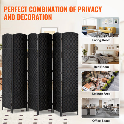 Kamerverdeler – Ruimteverdeler – Scheidingswand – Privacy Scherm – 6 Panelen – Paulownia Hout – Handgeweven Rattan – 360° Draaibaar – Zwart