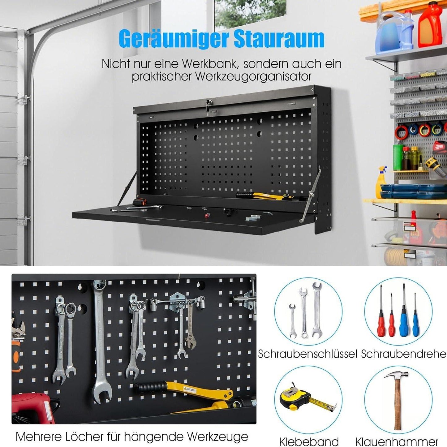 Inklapbare Werkbank – Werktafel – Opbergkast – Pegboard – Garagekast – Muurbevestigd – Vergrendelbaar Met Sleutel – Staal En 50 Kg Draagvermogen