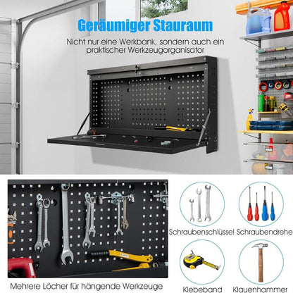 Inklapbare Werkbank – Werktafel – Opbergkast – Pegboard – Garagekast – Muurbevestigd – Vergrendelbaar Met Sleutel – Staal En 50 Kg Draagvermogen