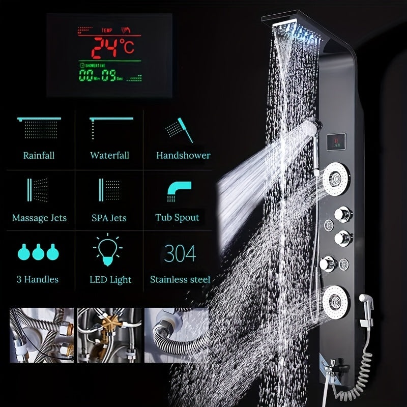 Douchepaneel – Douchekolom – Shower Tower – Regendouche – Handdouche – Geborsteld Nikkel – 304 Roestvrij Staal – Temperatuurdisplay zonder Batterij