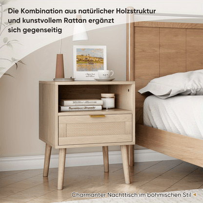 Nachtkastje – Bedkastje – Bijzettafel – Ladekastje – Tafel – Bohemian Stijl – Licht Eikenlook – Open Plank – Compact 45x40x55 cm