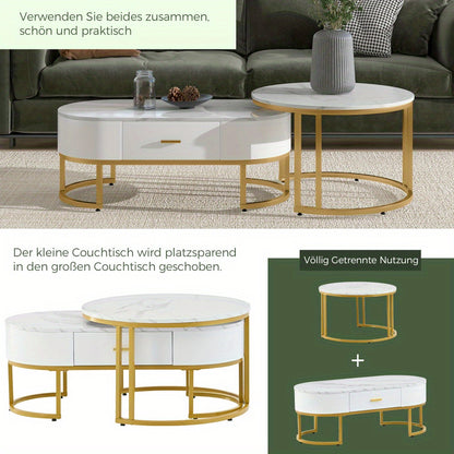 Salontafel – Bijzettafel – Koffietafel – Tafeltje – Nesting tafel – Set van 2 – Metalen Gouden Frame – Wit Tafelblad – Modern Design