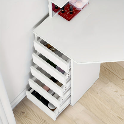 Hoek Make-uptafel – Make-uptafel – Kaptafel – Schminktafel – Toillet tafel – Wit Design – 5 Lades & 3 Spiegels – Inclusief Kruk
