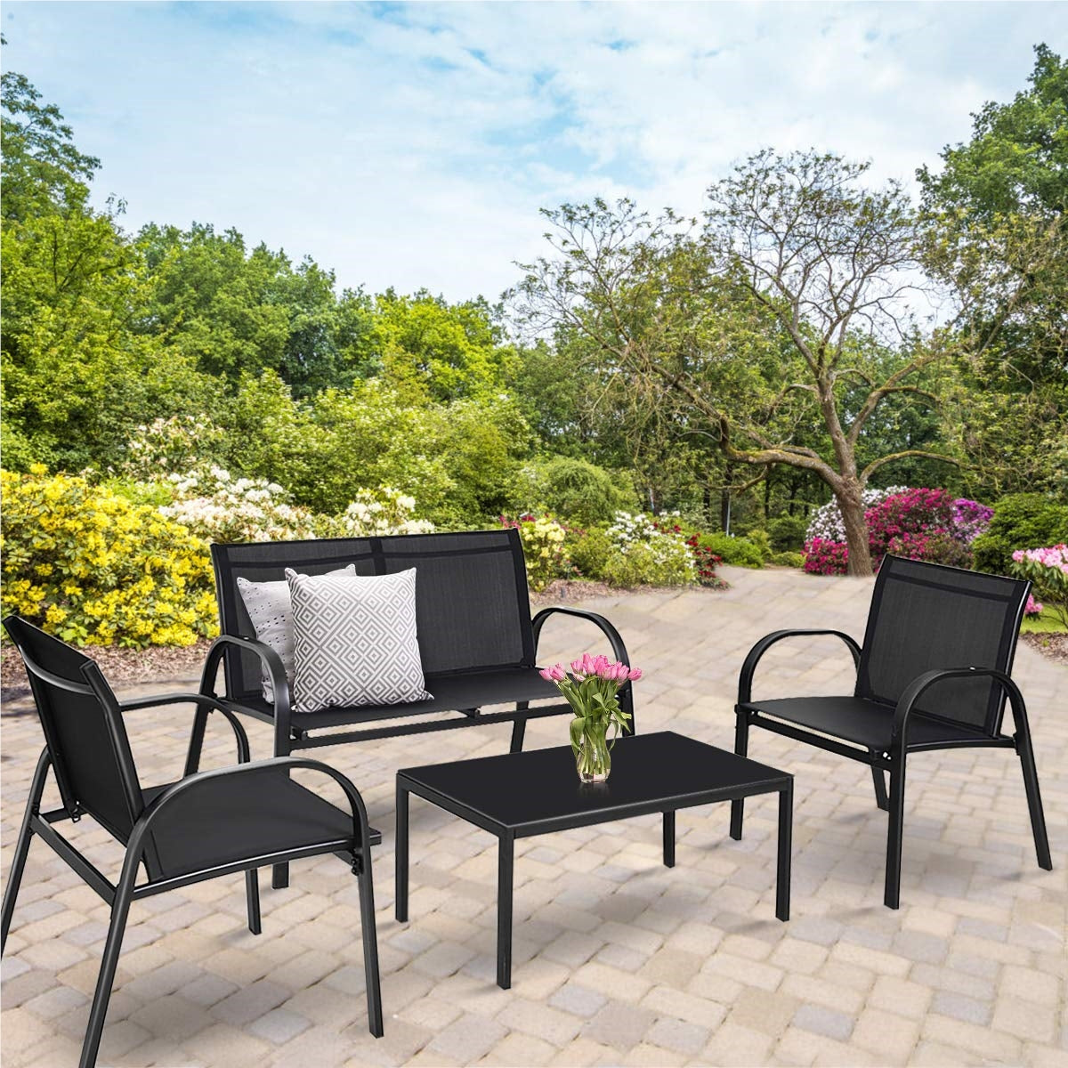 Tuinset 4-delig – Tuinmeubelset – Loungeset – Balkonset – Terrasmeubels – Zwart – Gehard Glas Tafelblad – Comfortabele Mesh Stoelen