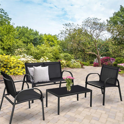 Tuinset 4-delig – Tuinmeubelset – Loungeset – Balkonset – Terrasmeubels – Zwart – Gehard Glas Tafelblad – Comfortabele Mesh Stoelen
