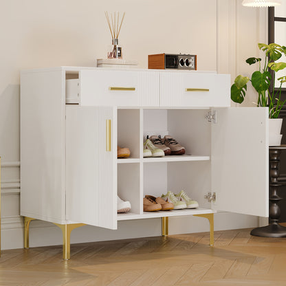 Dressoir – Opbergkast – Ladekast – Buffetkast – Kast – Wit – Met 2 Deuren En 2 Laden – Metaal Handgrepen En Poten – 80x35x79,5 cm – Massief Hout