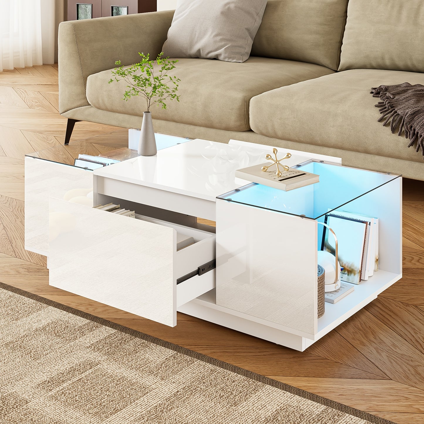 Salontafel – Koffietafel – Woonkamertafel – Bijzettafel – Wit – Glazen Blad – 2 Lades – Ruimtebesparend & Eenvoudige Montage