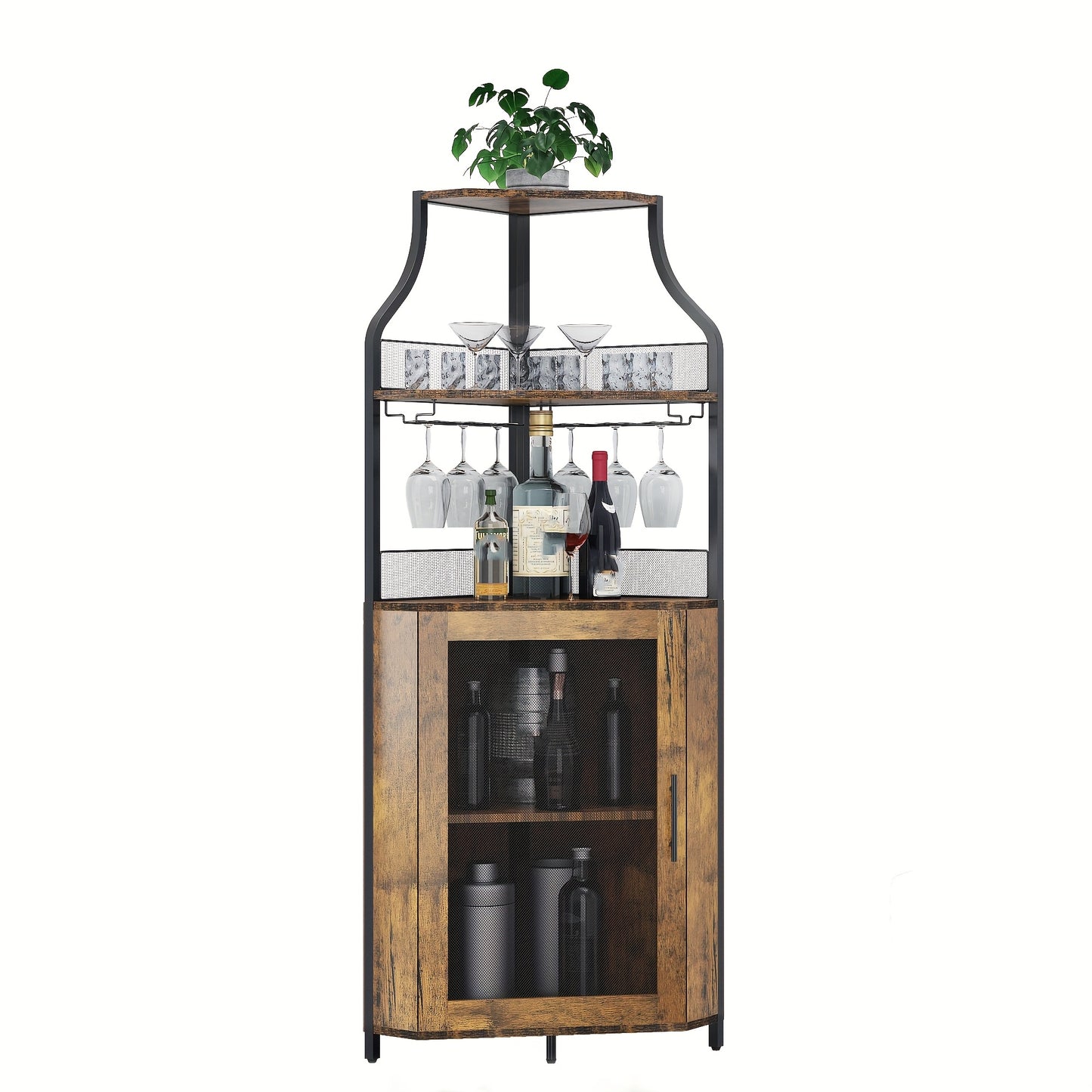 Hoek Wijnkast – Wijnrek Kast – Drankkast – Barmeubel – Hoekkast – 5-laags Opbergruimte – Afneembaar Wijnrek en Glazenhouder – Mesh Deurtje – Compact L-vormïg Design – Eenvoudig Te Monteren – Bruin