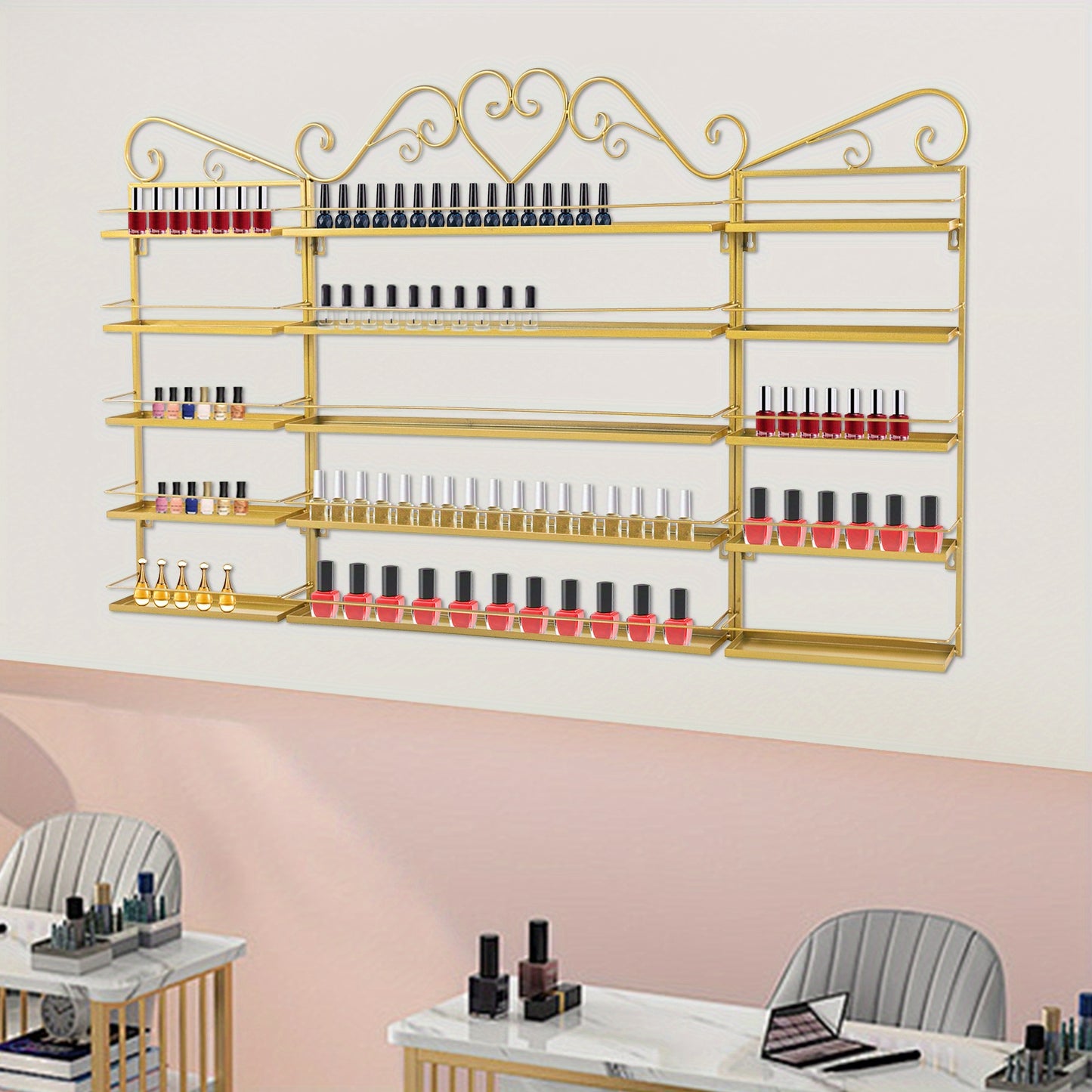 Nagellakrek – Wandrek – Opbergrek – Displayrek – Make-up Rek – Goudkleurig Smeedijzer – 5 Lagen Met 3 Stuks – Duurzaam en Ruimtebesparend