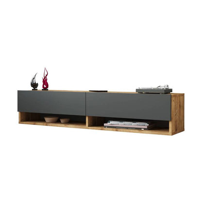 tv-meubel – tv-kast – lowboard – zwevend meubel – hangend tv-meubel – rustiek eiken – met 2 open vakken – MDF melamine coating
