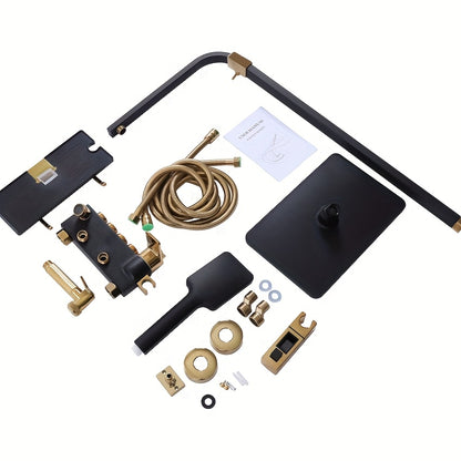 TOOL1SHOOO Contemporary Wall-mounted Bathtub Shower Set In Matte Black And Golden Finishes 46-orifice Hand Spray 112-orifice Top Spray And Anti-tangle Shower Hose, Easy to Clean, with Soft Silicone Spout And Toiletry Storage