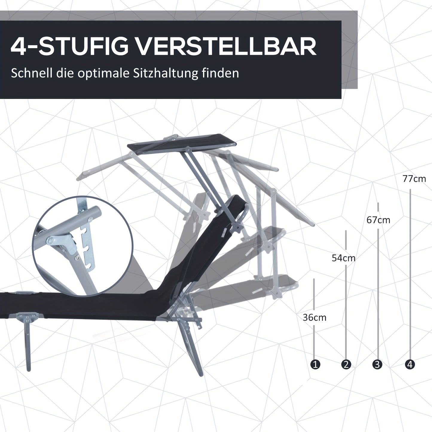 Ligstoel – Loungestoel – Ligbed – Zonnebed – Opvouwbare Tuinstoel – Extra Lang – Stevig Metaal Frame – Ingebouwd Zonnescherm – Comfortabel Polyester Kussen – Handmatig Verstelbaar – Zwart