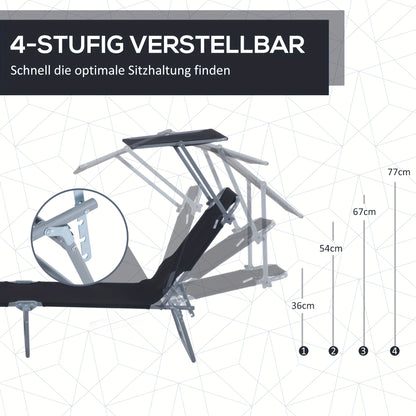 Ligstoel – Loungestoel – Ligbed – Zonnebed – Opvouwbare Tuinstoel – Extra Lang – Stevig Metaal Frame – Ingebouwd Zonnescherm – Comfortabel Polyester Kussen – Handmatig Verstelbaar – Zwart