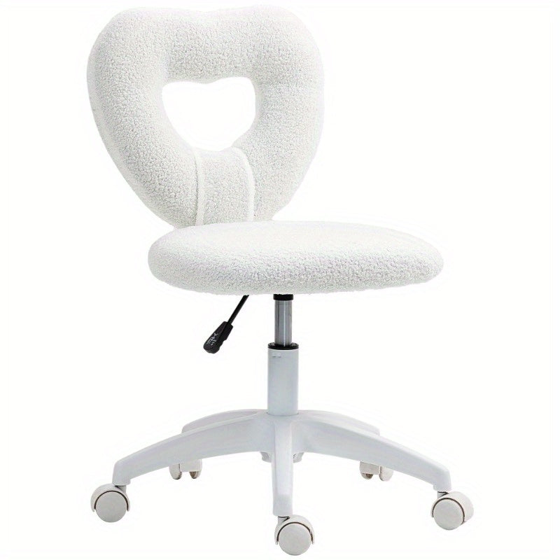 Bureaustoel – Bureaustoel Zonder Armleuning – Werkstoel – Make-up Stoel – Thuiskantoorstoel – Verstelbare Hoogte – 360° Draaibaar Met Teddy Fleece Bekleding – Hartvormige Rugleuning – Stevige Metalen Basis – Wit