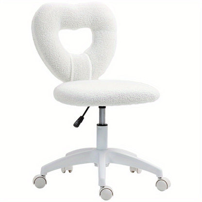 Bureaustoel – Bureaustoel Zonder Armleuning – Werkstoel – Make-up Stoel – Thuiskantoorstoel – Verstelbare Hoogte – 360° Draaibaar Met Teddy Fleece Bekleding – Hartvormige Rugleuning – Stevige Metalen Basis – Wit