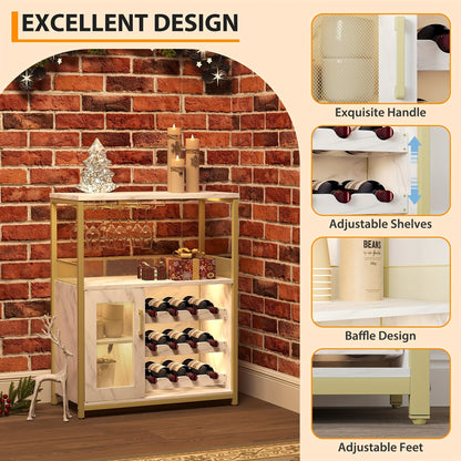Wijnkast – Wijnrek – Drankkast – Barmeubel – Opbergkast – Verstelbare Planken – Mesh Deur – Houten Modern Design – Geen Elektriciteit – Compact 91 cm Hoog – Voor 12 Flessen & 6 Glazen – Gouden Uitvoering