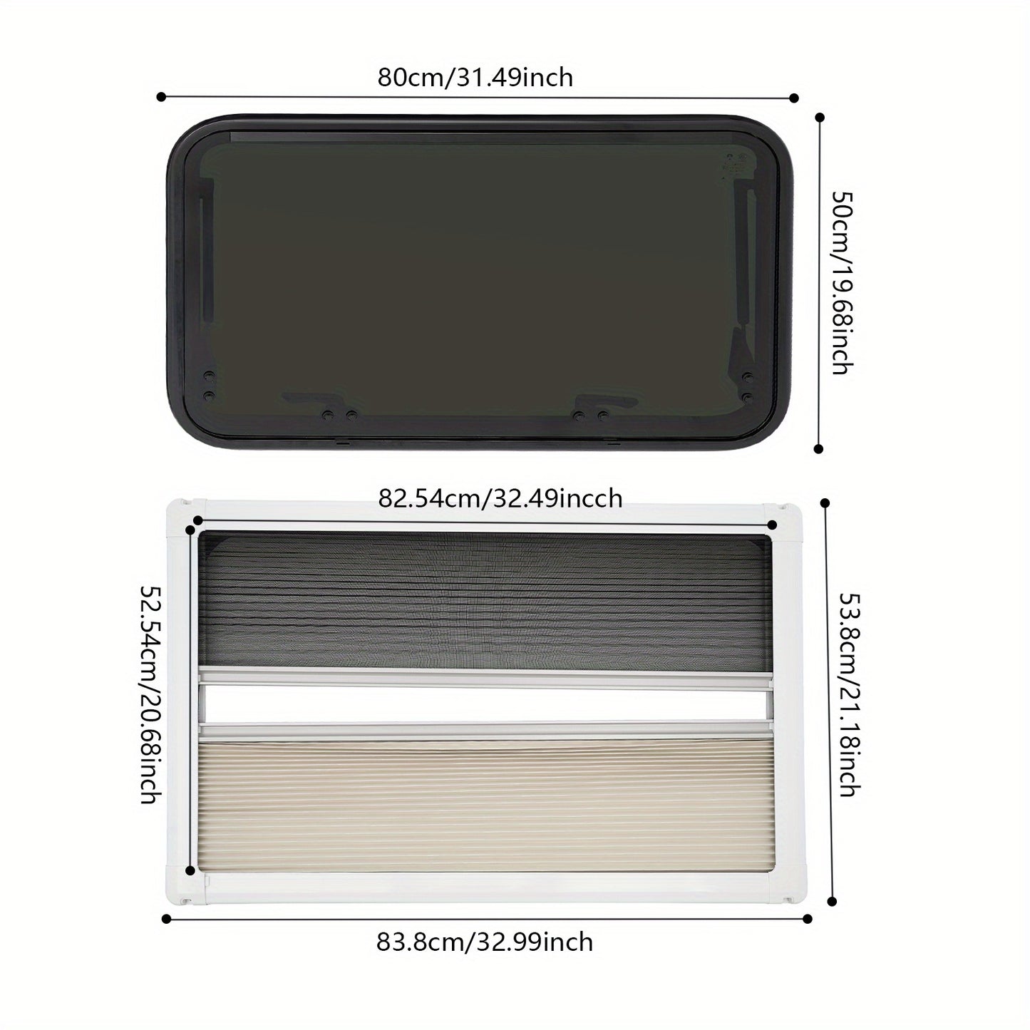 Uitzetraam Camper – Caravanraam – Mobiel Raam – Rolvenster – Ventilatieraam – Gebogen Gehards Glas – Aluminium Frame – Inclusief Horrenraam – 800x500 mm – Duurzaam Lichtgewicht