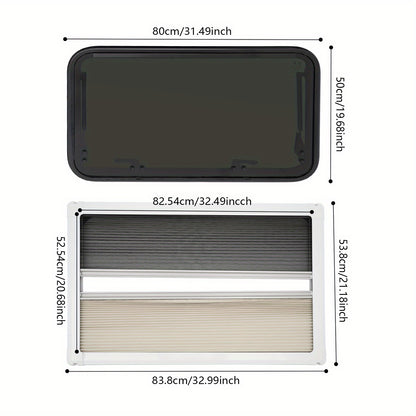 Uitzetraam Camper – Caravanraam – Mobiel Raam – Rolvenster – Ventilatieraam – Gebogen Gehards Glas – Aluminium Frame – Inclusief Horrenraam – 800x500 mm – Duurzaam Lichtgewicht