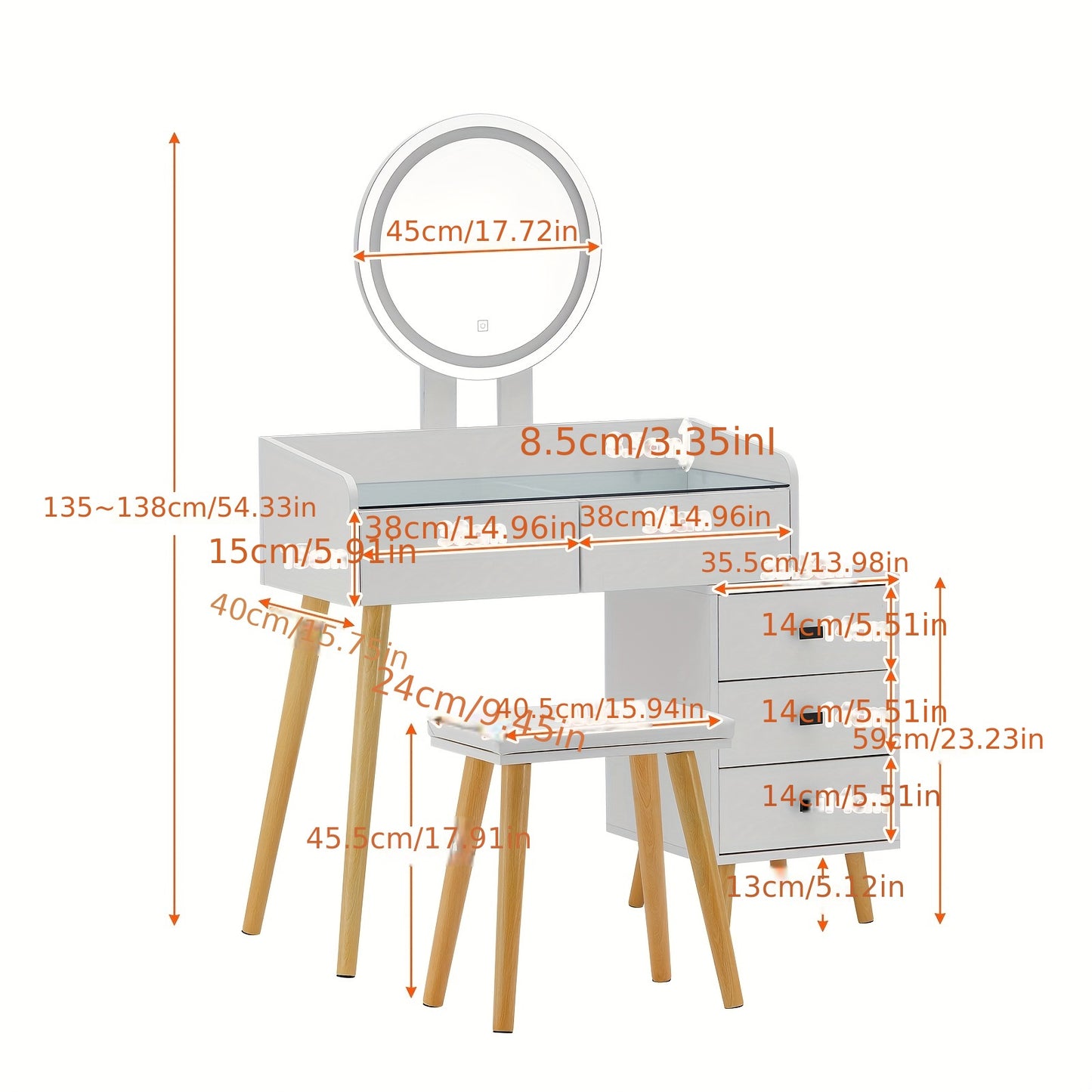Make-uptafel – Dressing Table – Make-up Bureau – Schminktisch – Vanity Desk – Gehard Glas Blad – Ruime Opberglade – Gevoerde Kruk – Compact Design