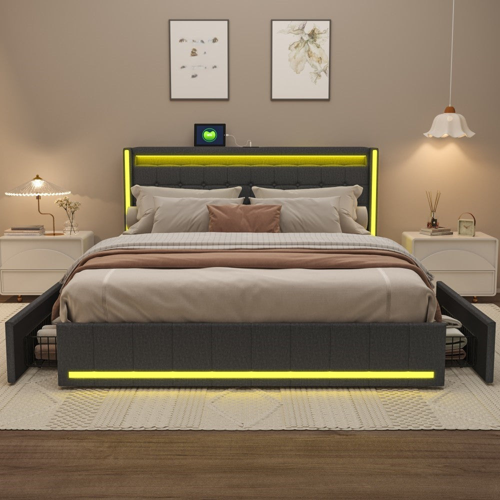 YCZ Bed Frame with Storage Space, Double Headboard Upholstered Bed with LED and USB, Storage Bed with 4 Drawers and Mattress, for Adults, BCDE