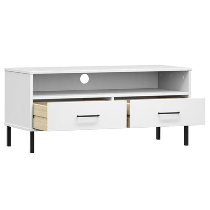 TV Cabinet with Metal Legs White Solid Wood Pine OSLO TV Stand Entertainment Center with Storage, Media Television Table for Living Room Bedroom