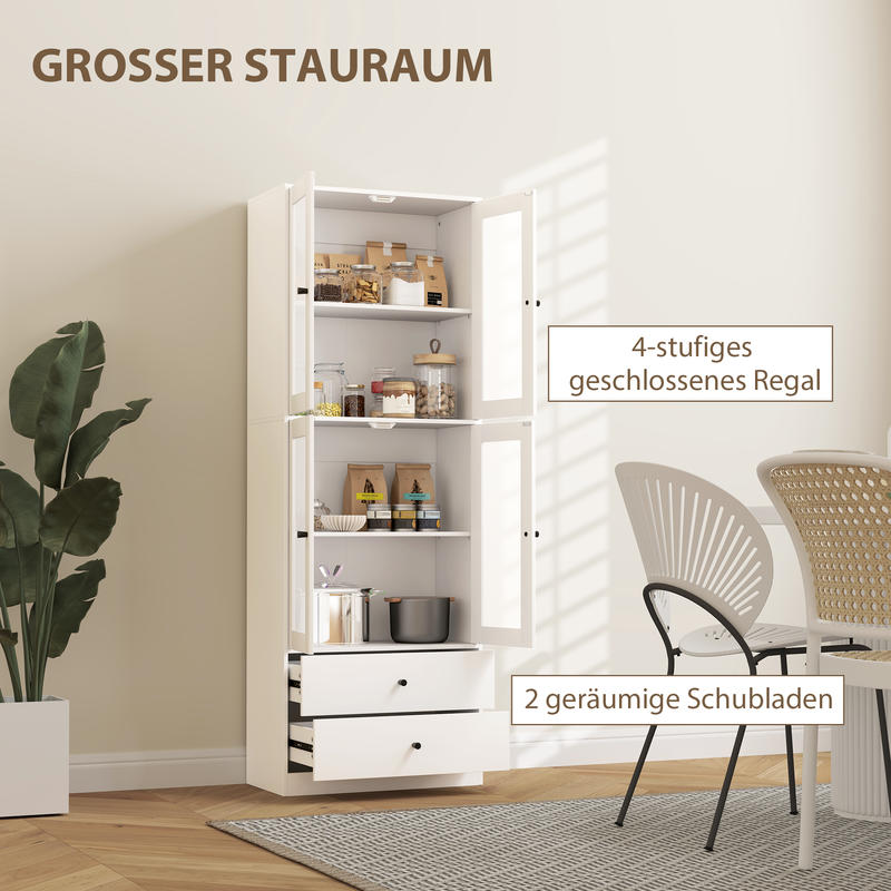 Kitchen Cabinet with Drawers And Glass Doors, Melamine Surface, White