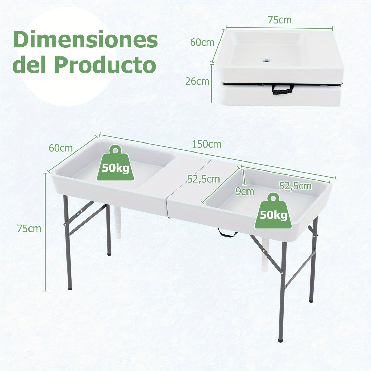 Koeltafel – Ijstafel – Picknicktafel – Barbecue tafel – Opvouwbare tafel – Dubbele koelbakken – Weerbestendig HDPE blad