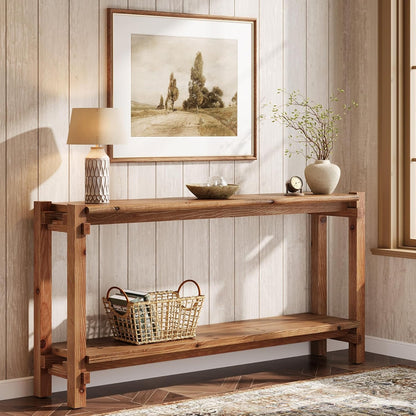 Console table, 160cm long, 2-tier entryway table, coffee table with storage, farmhouse wood back coffee table for living room, hallway (brown)