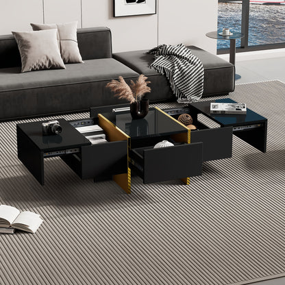 Salontafel – Koffietafel – Woonkamertafel – Bijzettafel – Uitschuifbare Tafel – Zwart – 4 Lades – Gouden Poot – Multifunctioneel – Laag Profiel