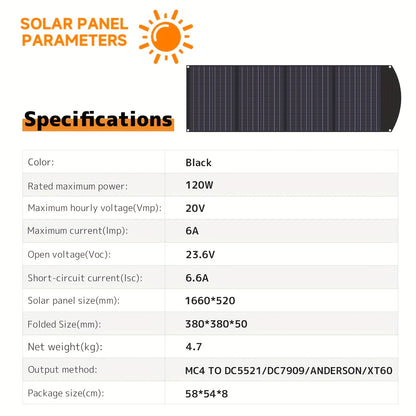 Zonnepaneel – Solar Panel – Opvouwbaar Zonnepaneel – Draagbaar Paneel – Zonne-energie – 120W Hoog Rendement – Monokristallijn Silicium