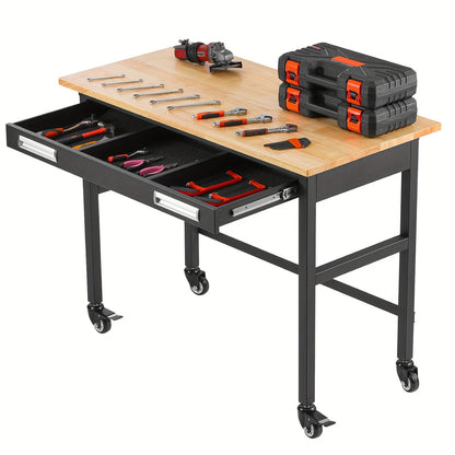 Werkbank – Werktafel – Werkbank Op Wielen – Werkbank Met Lade – Mobiele Werkbank – Houten Werkblad 122 cm – Draagkracht Tot 680 kg