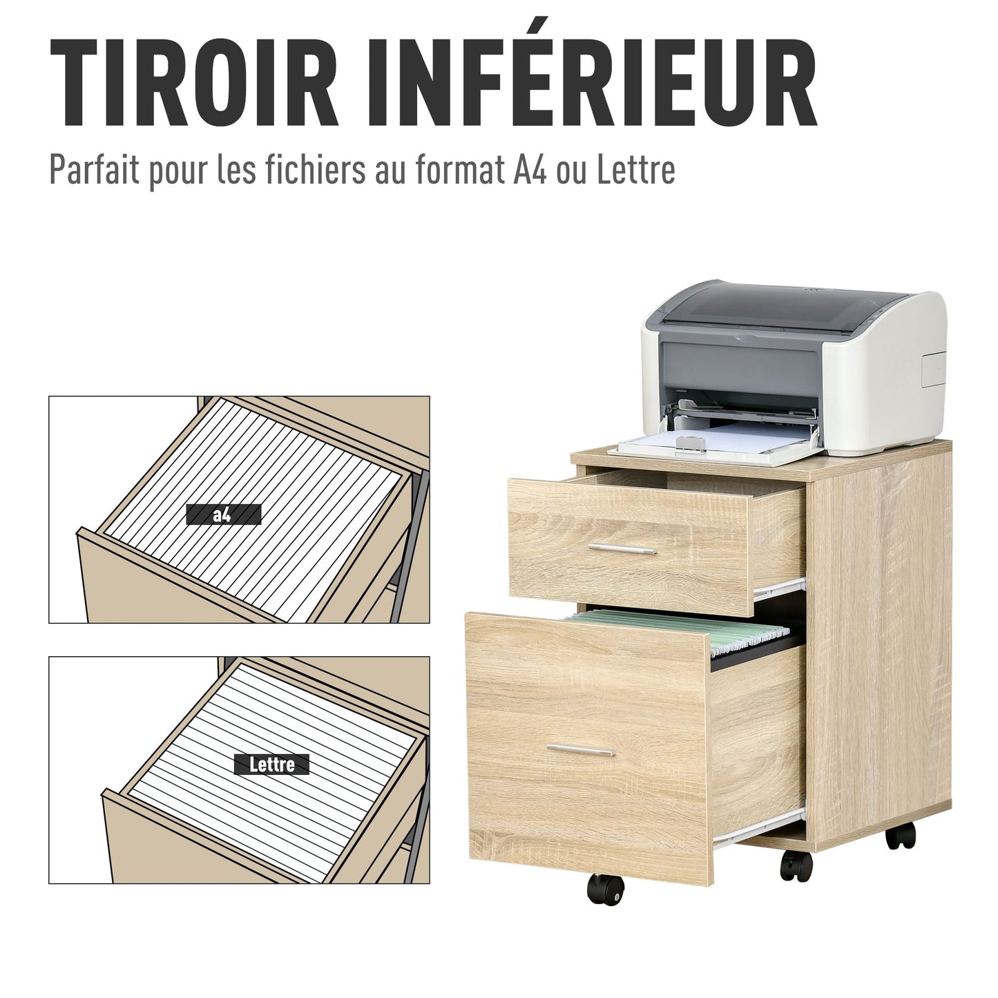 Opbergkastje Bureau – Ladekastje – Bureau Organizer – Kantoorkastje – Mobiele Opberger – Compact 39,5x39x58,5 cm – Spaanplaat Eikenhout Look – 5 Wieltjes Met Remmen