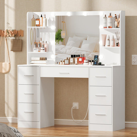 Vanity Dressing Table – Make-up Tafel – Dressing Table Met Spiegel – Make-up Spiegel – Dressing Table – Wit – Grote LED Spiegel – 7 Lades Met Stopcontact