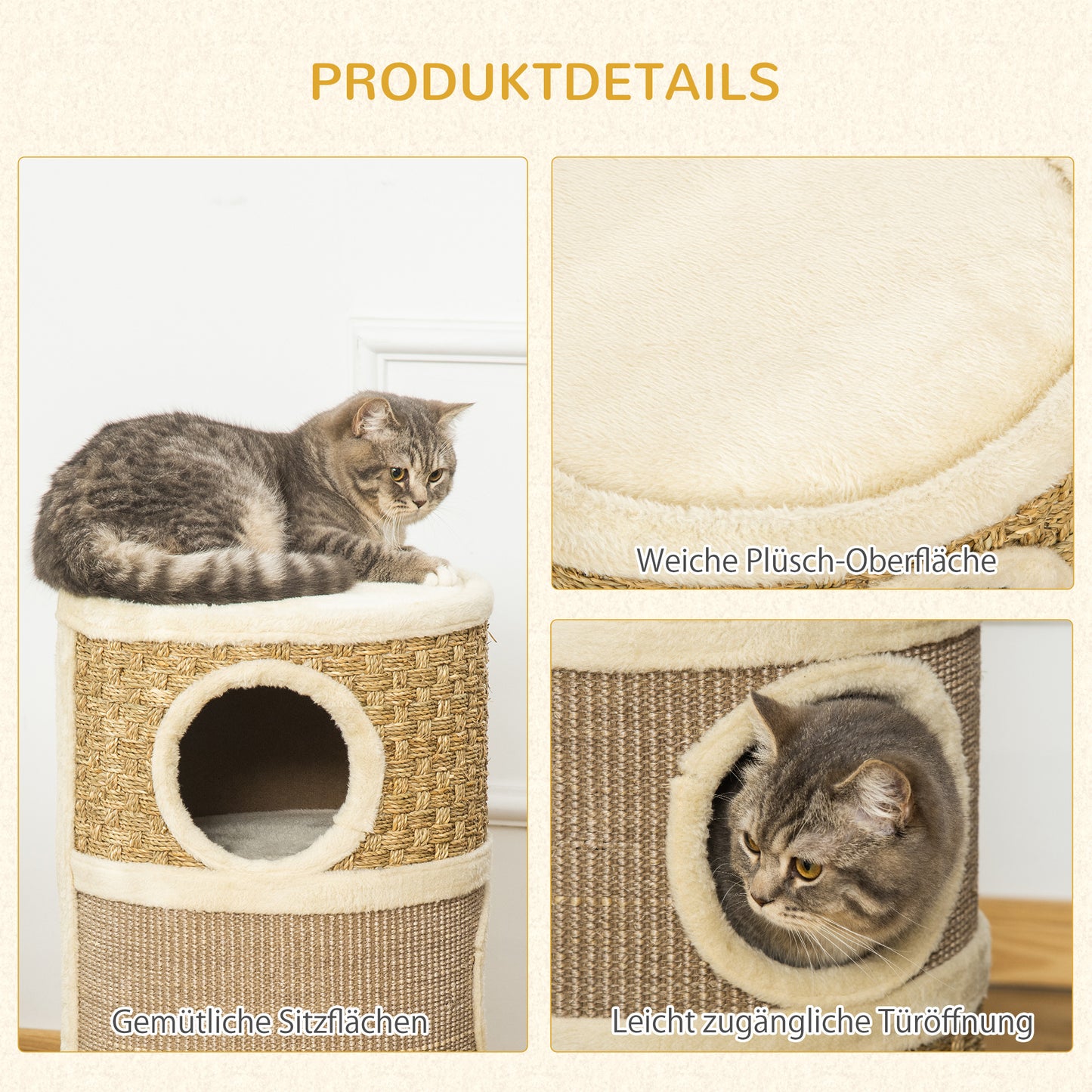 Krabpaal – Kattenboom – Kattenmeubel – Krabtoren – Krabhuis – 3 Niveaus – 70 cm Hoog – Sisal Krabmat – Pluche Bekleding