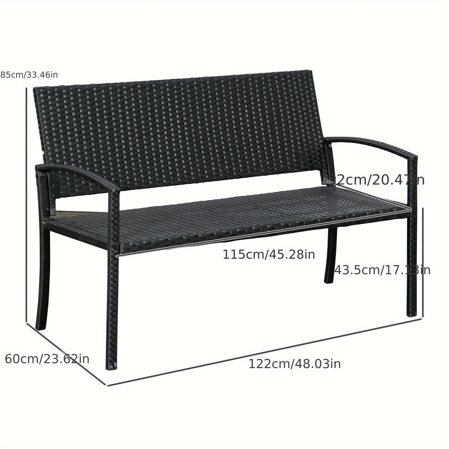 Tuinbank – Buitenbank – Parkbank – Loungebank – Zitbank – Polyrattan – Met Stalen Frame – 2-Zits – Weerbestendig – 122x60x87 cm – Zwart